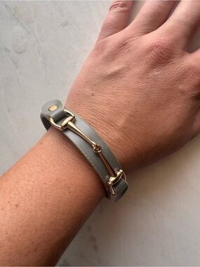 Gray blue Leather Cuff Bracelet w/ Gold Tone Hardware Hook Closure Gray & Gold
